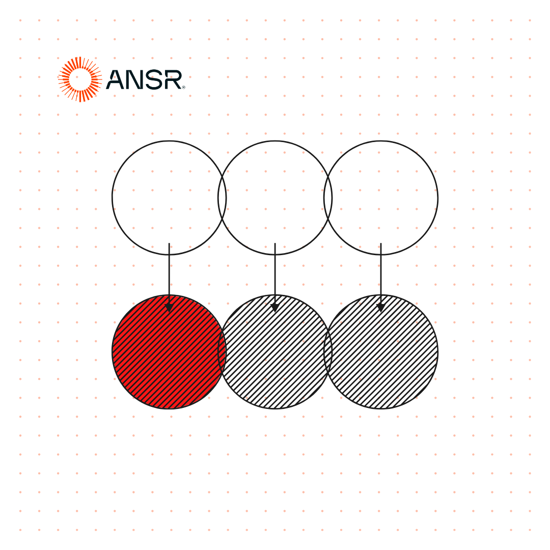 A graphic featuring three circles in a row, with the top circles outlined in black and the bottom circles filled in. The left circle is red with diagonal stripes, while the two right circles are solid black with various patterns. The top left corner has the text 'ANSR' in a modern font.