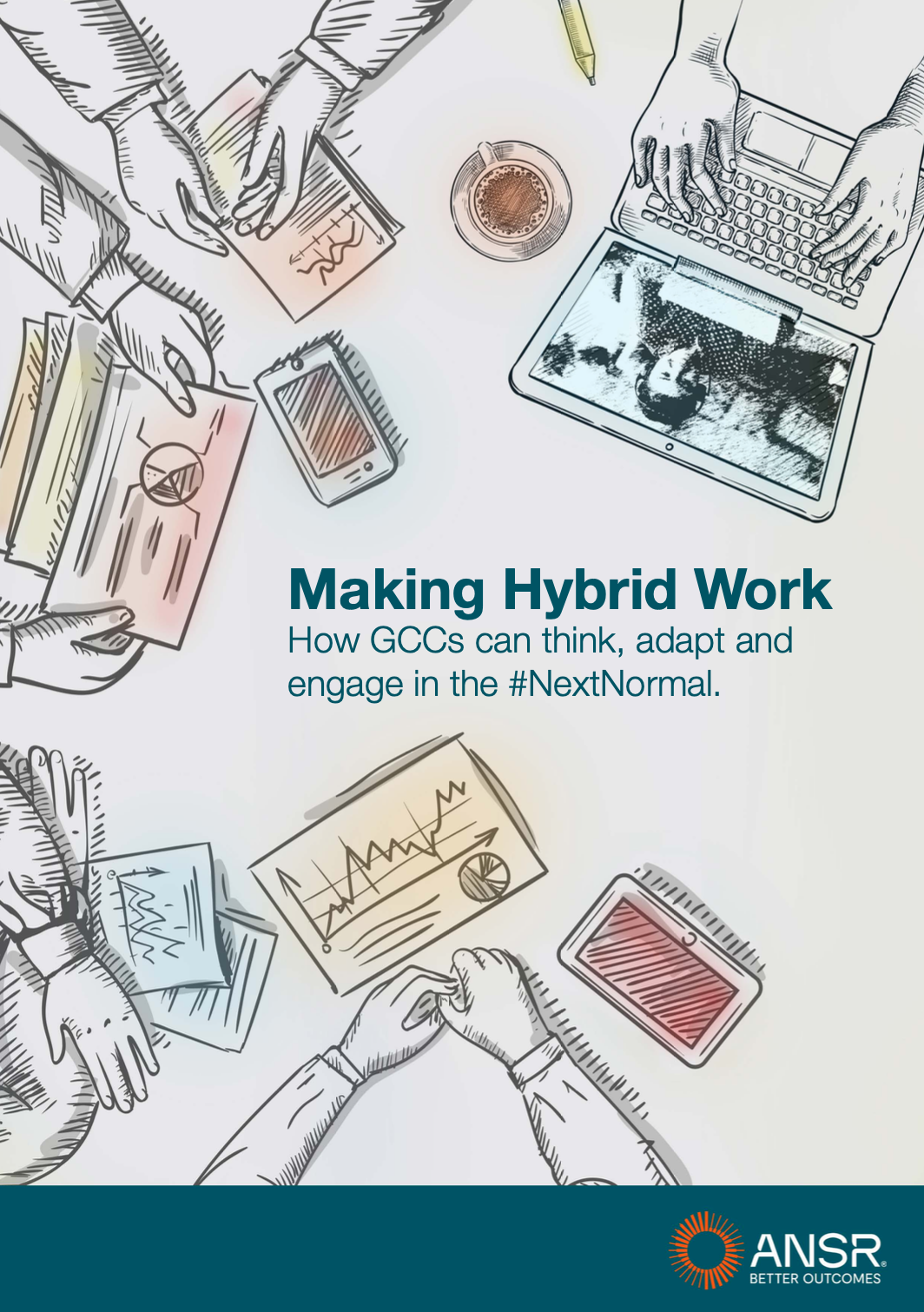 An aerial view of a workspace with hands holding documents, tablets, and a mug of coffee. The page includes the title 'Making Hybrid Work' and the ANSR logo at the bottom.