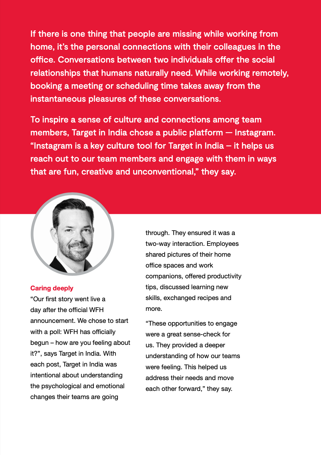 An image featuring a quote about team connections while working from home. Below it is a circular photo of a man with a caption mentioning his role. The background includes text discussing Target's use of Instagram for team engagement.