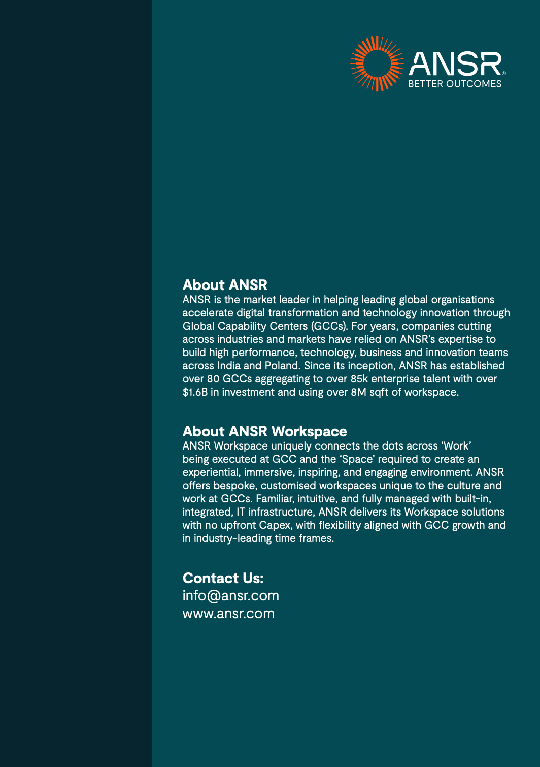 A brochure for ANSR outlining their services in global capability centers. The document includes sections about ANSR, ANSR Workspace, and contact information, with a professional layout and design.