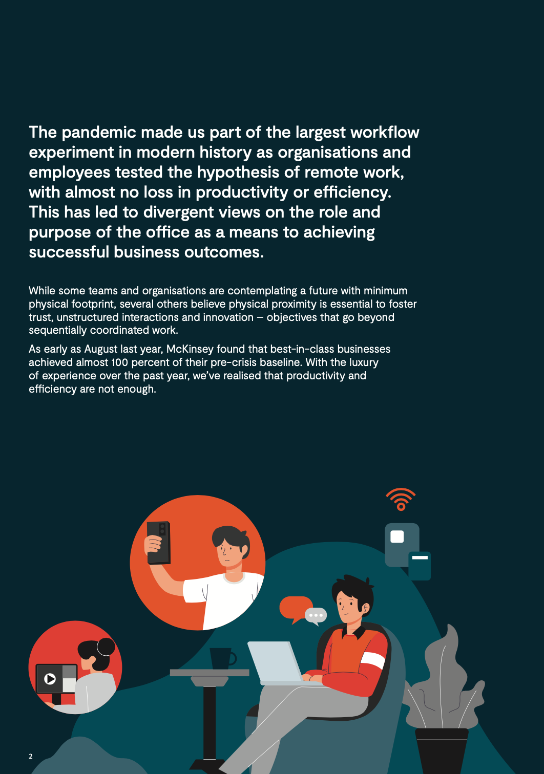 An infographic illustrating the impact of the pandemic on workplace dynamics, featuring diverse professionals engaged in various activities, with text discussing remote work, productivity, and the evolving role of the office.