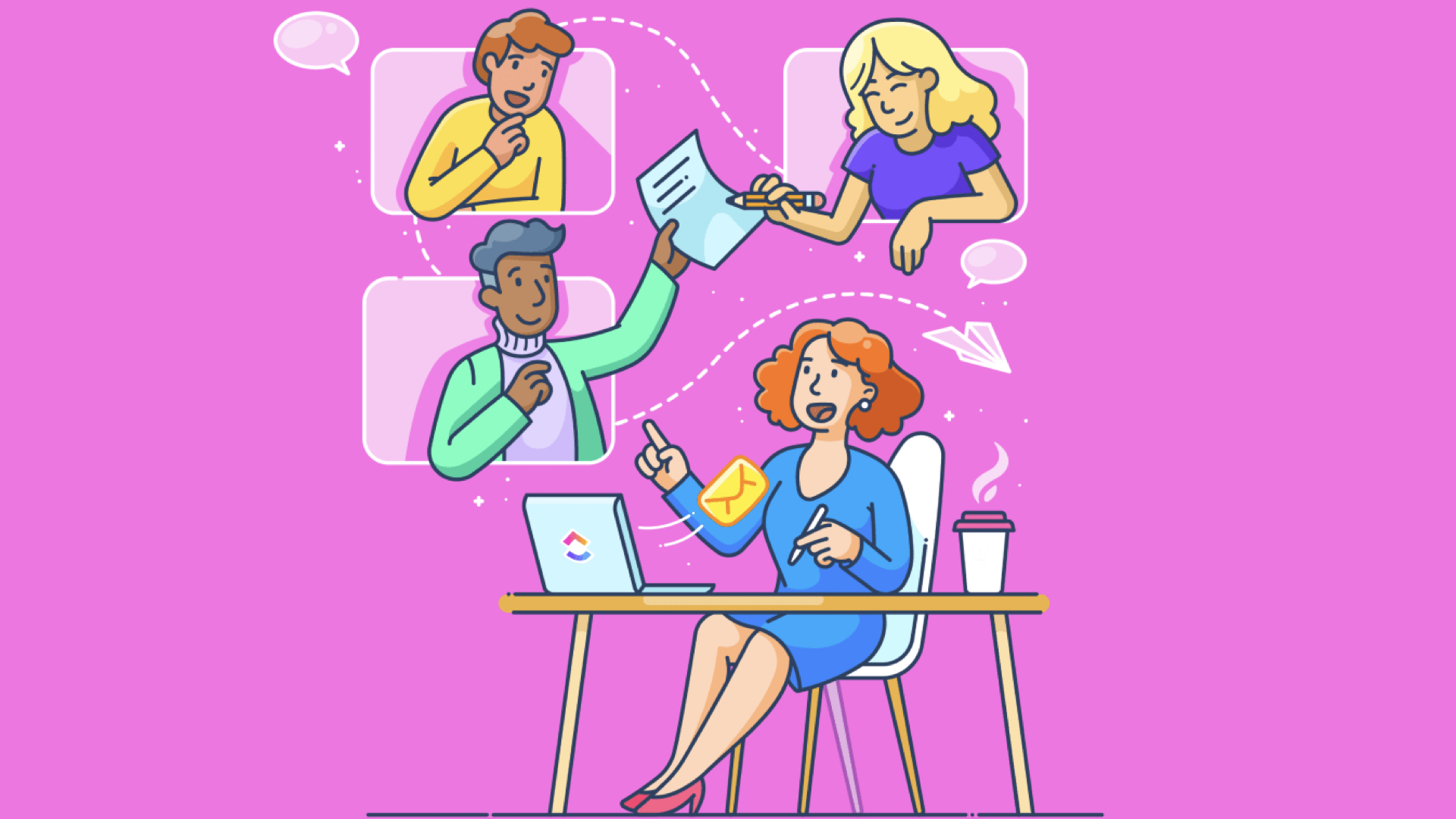 An illustrated scene showing a woman sitting at a desk with a laptop, gesturing with one hand and holding a paper in the other. Above her are images of two people speaking and a third person writing notes. The background is pink.