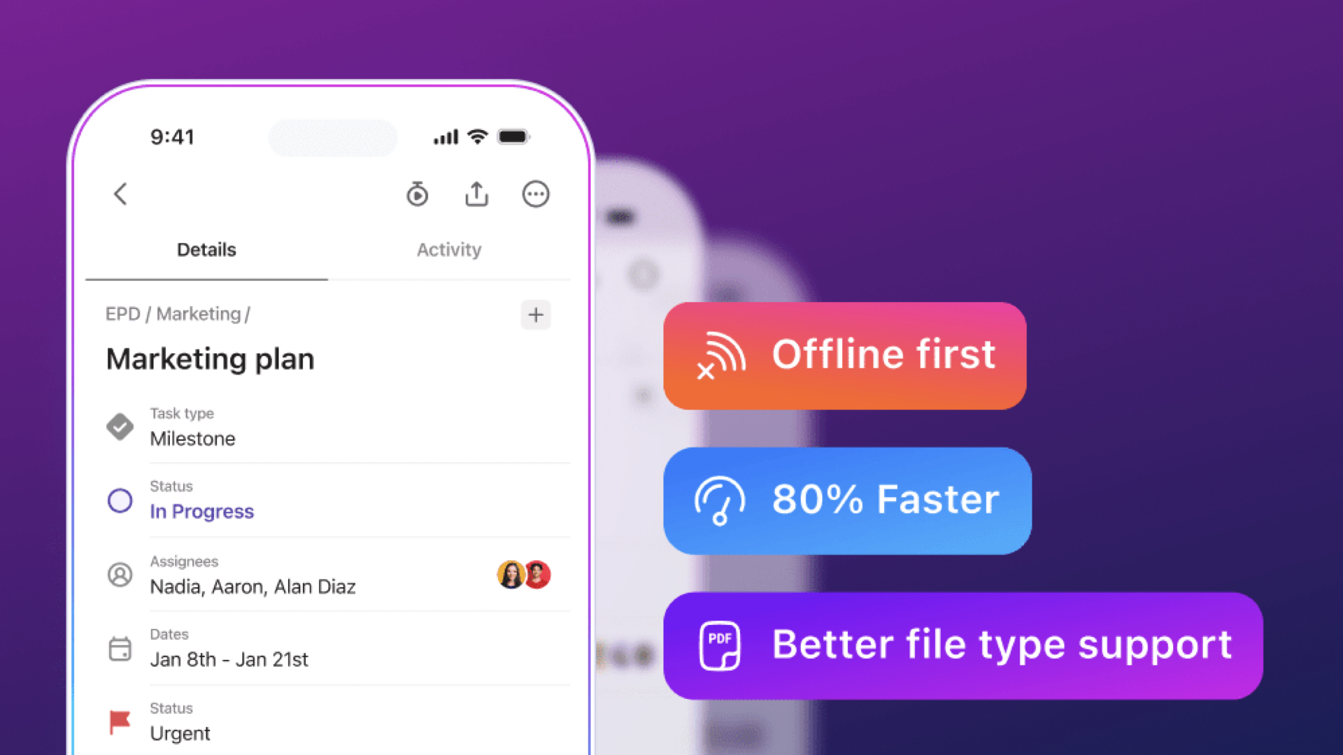 Screenshot of a mobile app interface displaying a marketing plan. Key features highlighted include 'Offline first,' '80% Faster,' and 'Better file type support.' Task details and status are also visible.