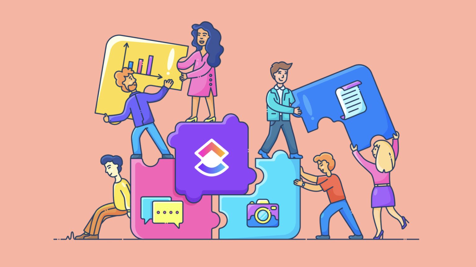 An illustrated scene featuring diverse individuals collaborating to piece together colorful puzzle pieces, each containing various symbols like graphs, notes, and a camera, set against a light pink background.