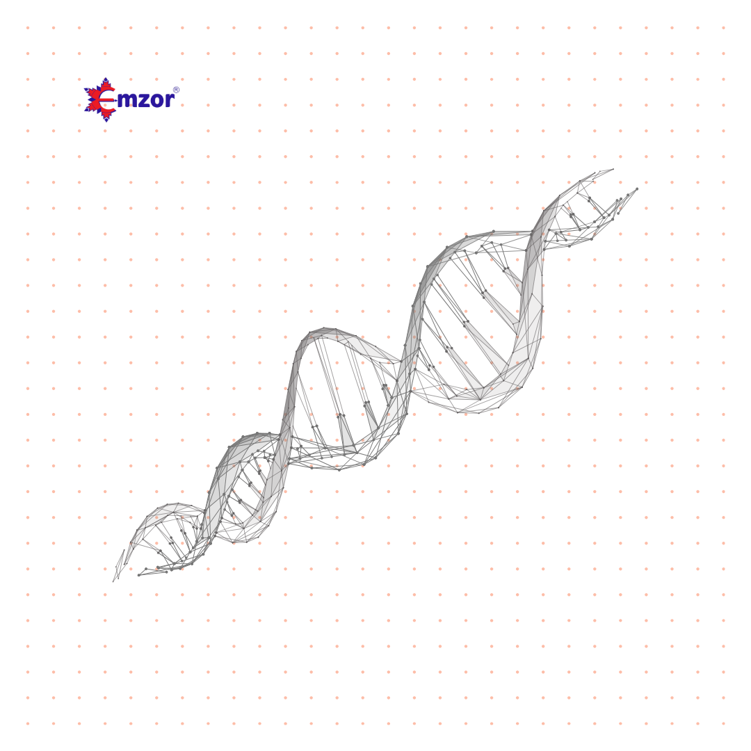 Scientific DNA double helix structure with Emzor pharmaceutical logo and white dotted background.