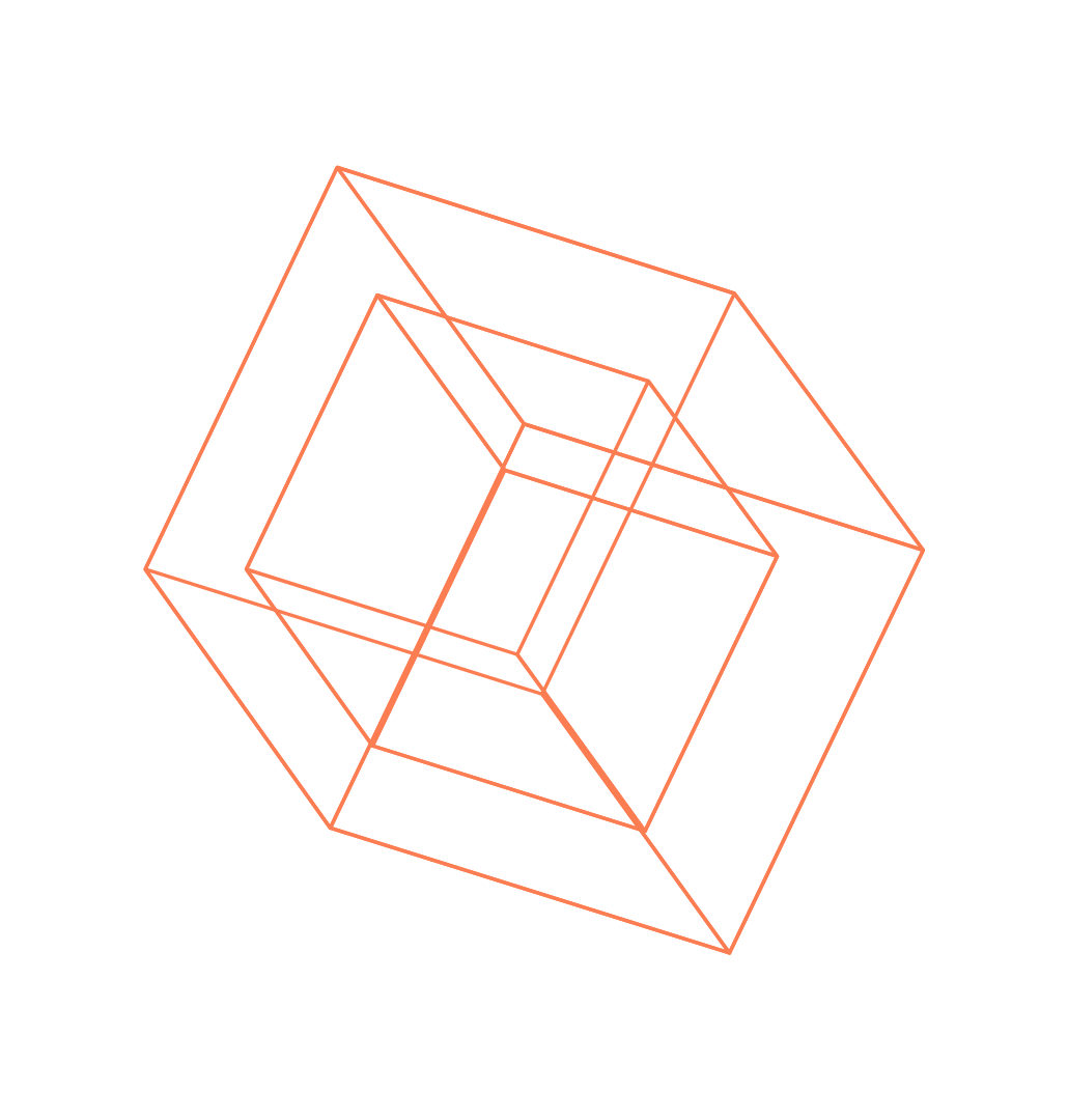 Vibrant orange geometric shapes form connected 3D cubes and modern rectangular structures.