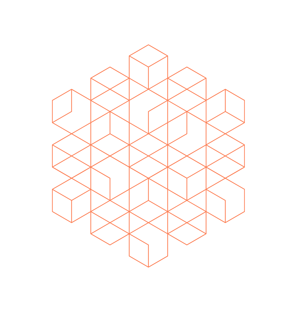 A 3D geometric pattern composed of interlocking cubes and hexagonal shapes, outlined in an orange color against a black background.