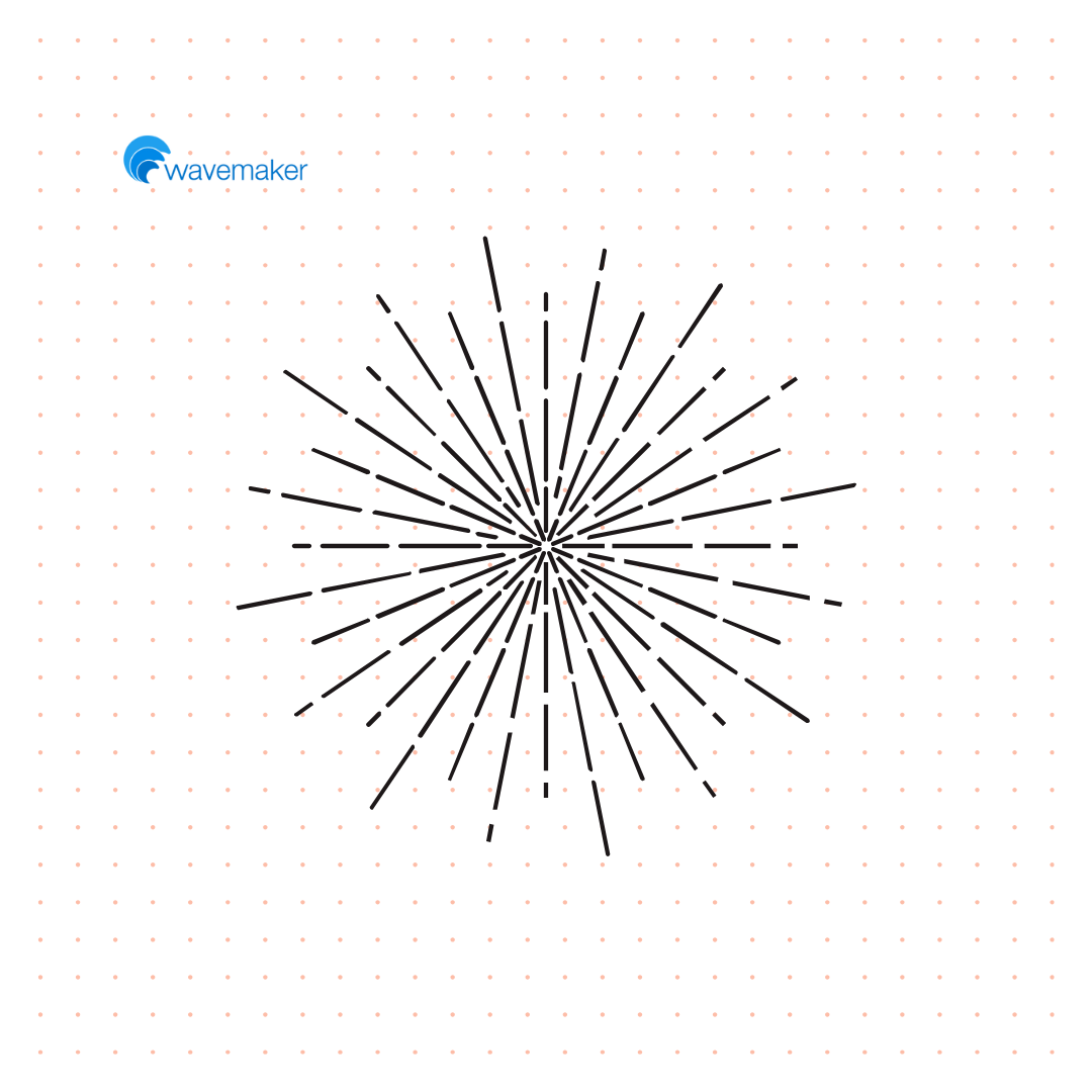 A digital illustration featuring a grid of small, colored dots on a dark background, with a central starburst design radiating outward. The logo 'wavemind' is positioned in the upper left corner.